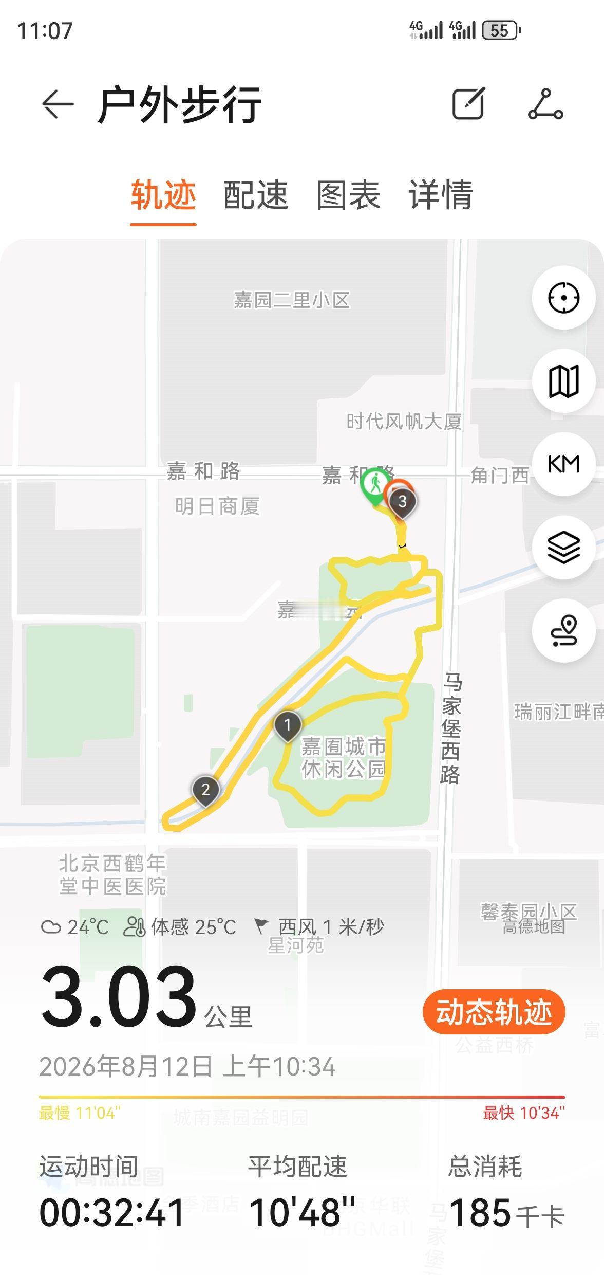 今天上午买完菜，小雨中走了三公里，平均配速10分48秒，因为雨大起来，没控制住后