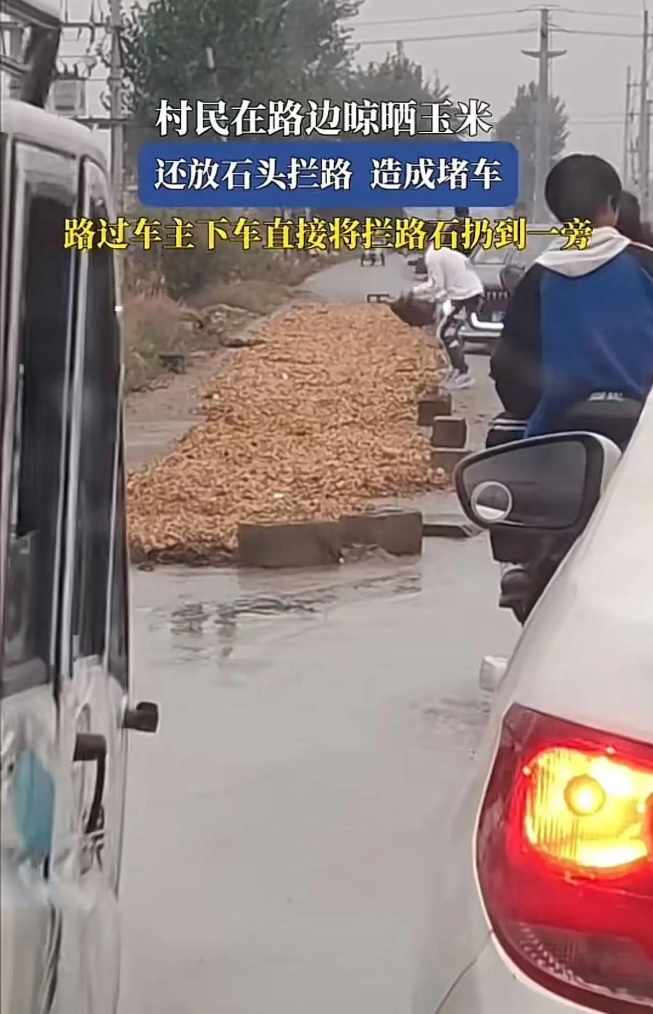 这一幕发生在乡村的普通道路上，却引发了网友间激烈的争论：村民为晒玉米占用了路面，