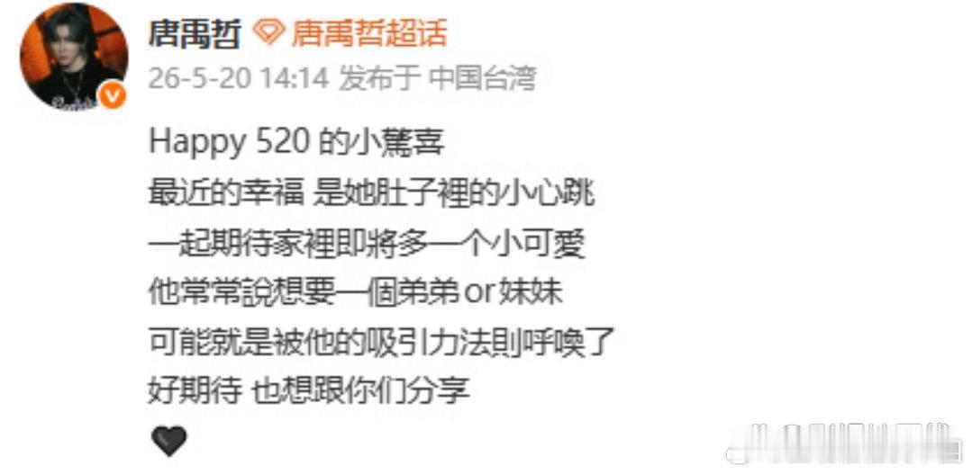 20日，唐禹哲宣布老婆怀二胎：“最近的幸福，是她腹中小小的胎动心跳，满心期待家里