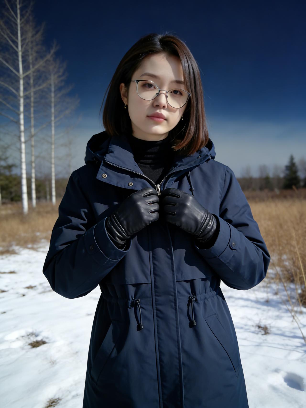 短发轻扬映雪光，青衫一袭立寒荒。
晶框望断天涯路，风梳荒原草木香。