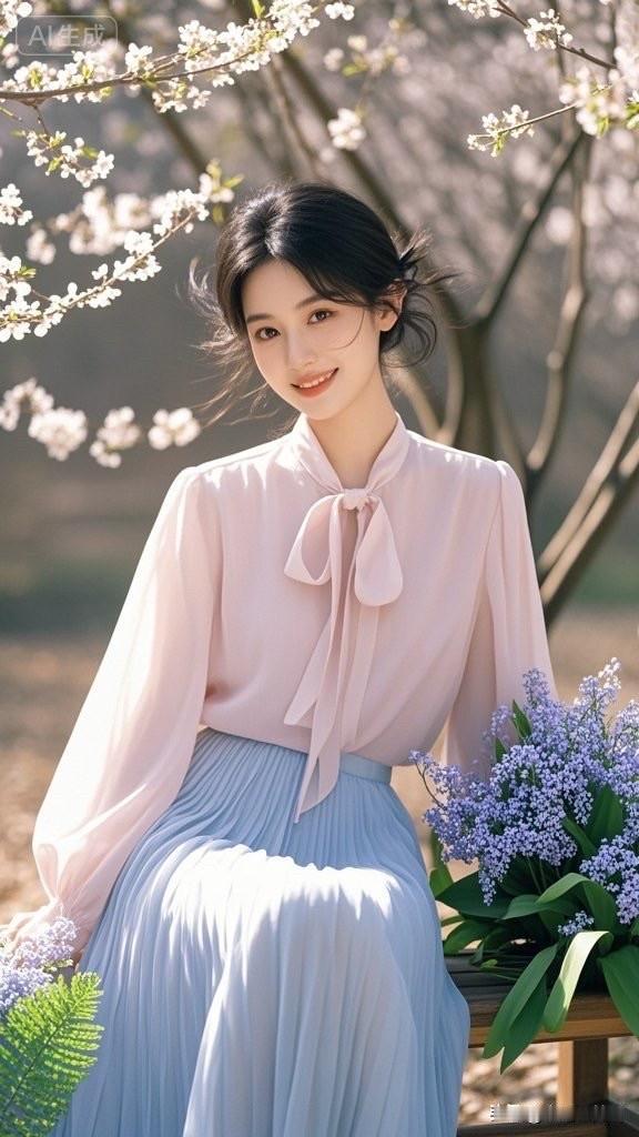 这姑娘坐在长椅上，好温柔！