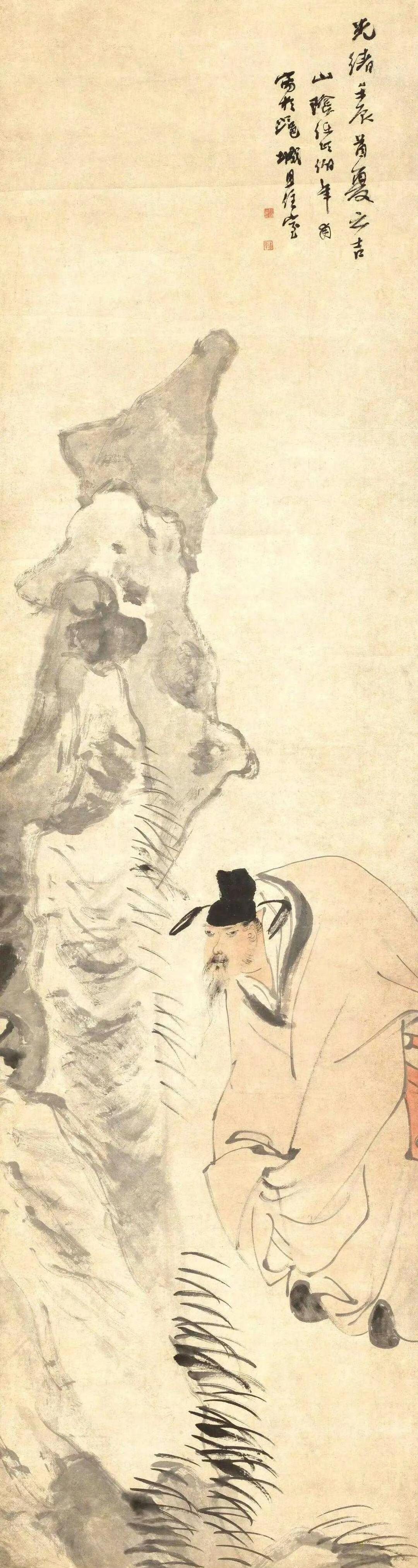 任伯年那幅1892年的《米癫拜石图》真的太有味道了，纸本设色167.5×45cm