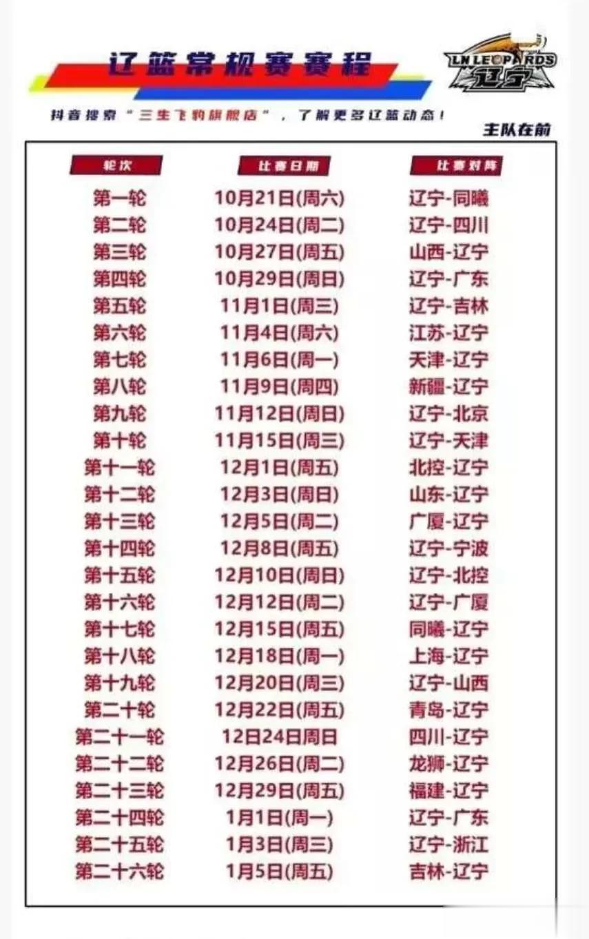 2023-2024CBA赛季，辽宁队赛程表，赶紧收藏版吧