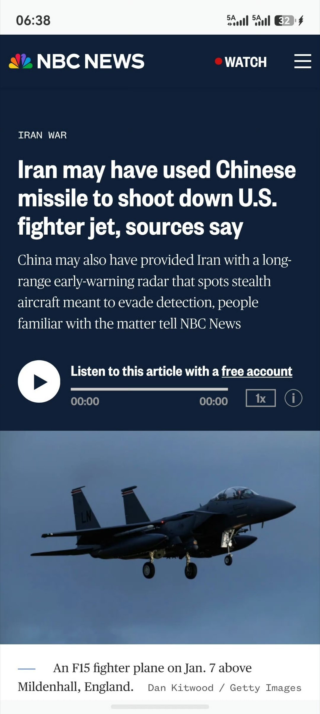NBC News：消息人士称伊朗可能使用中国导弹击落美国战斗机——据三名知情人士
