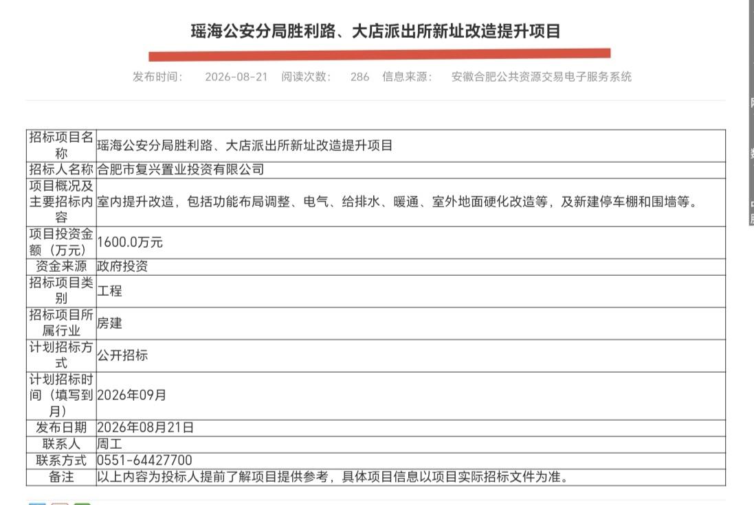 ［大店派出所新址，原来在这里］
        根据合肥市公安局瑶海分局公开招标