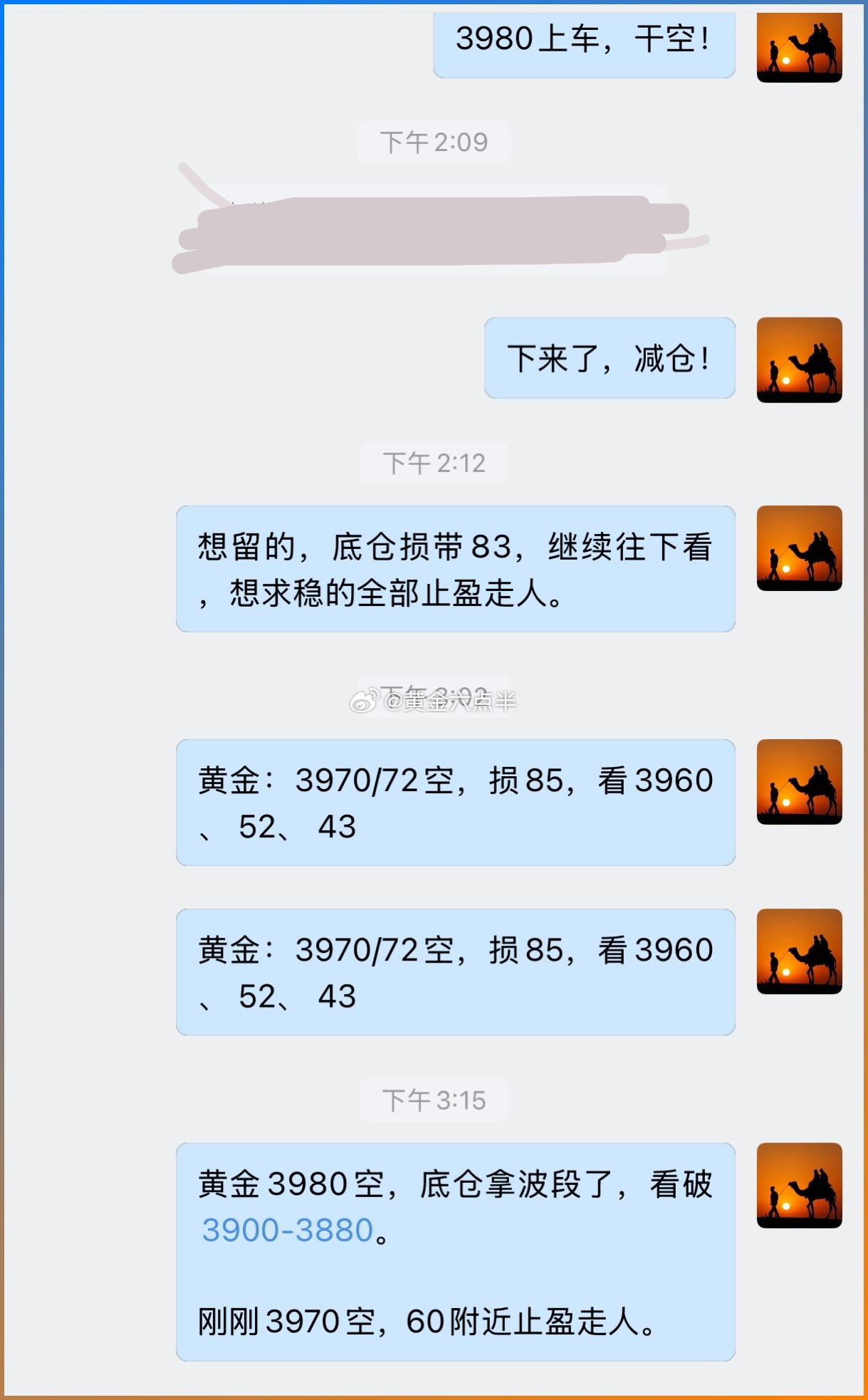 黄金中午3980空大跌吃肉，底仓拿波段了。刚刚在盘内指导中，3970再空，60目