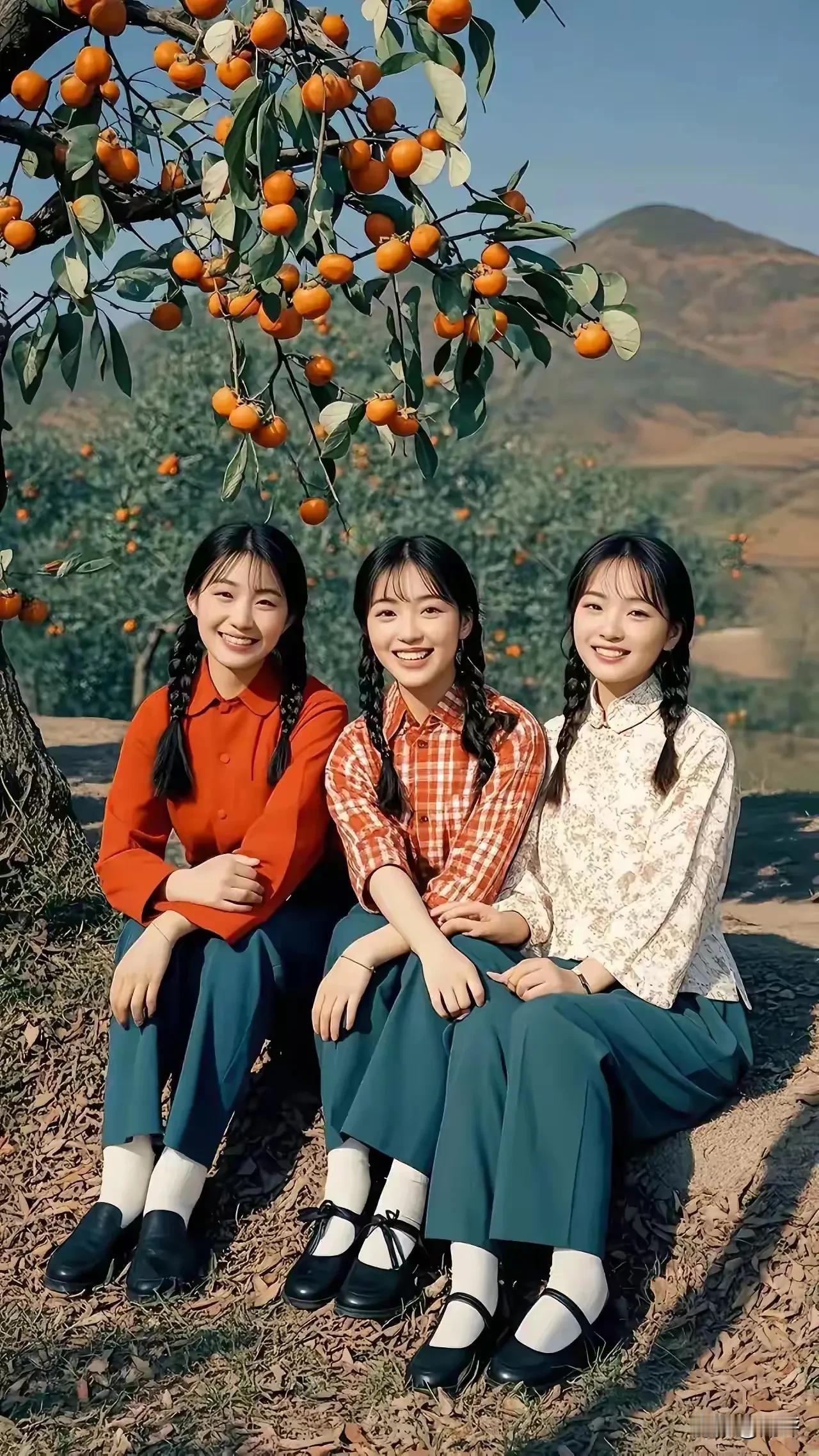 70年代，3名女青年坐在柿子树下合影，好漂亮！她们应该是知青吧。

评：橘黄橙绿