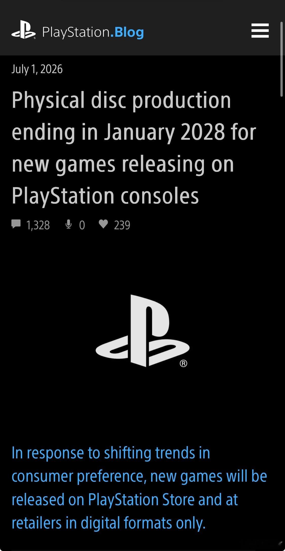 索尼宣布：自 2028 年 1 月起，所有在 PlayStation 主机上发售