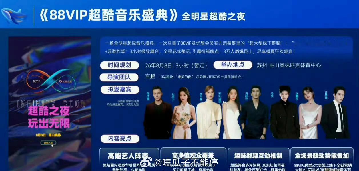《88VIP超酷音乐盛典》拟邀嘉宾：李宇春、曾舜晞、赵露思、陈伟霆、欧阳娜娜、闫