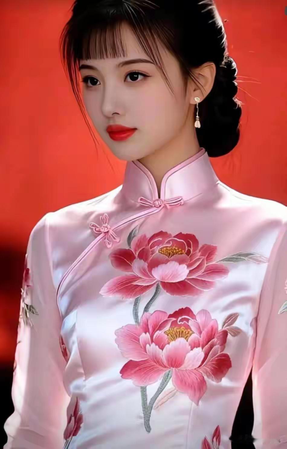 粉裙轻倚朱红古墙，襟前绣盛放牡丹，少女温润浅笑眉目柔和，肌肤莹润清丽，柔光衬绝色