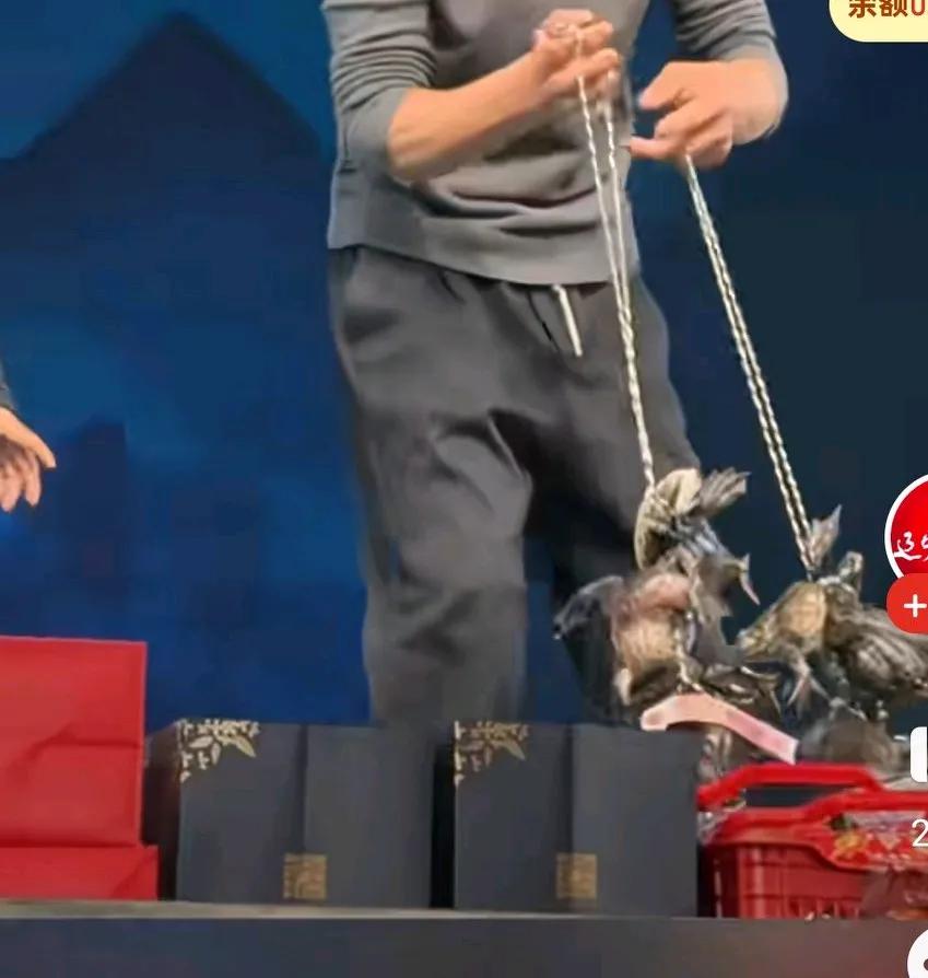 婺剧演员讨彩，被观众用牛蛙打赏，只见一男子提着两串牛蛙上来，
一串挂到了男演员的