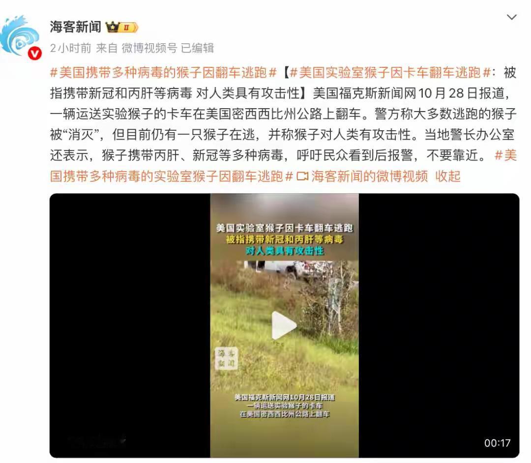 美国实验室猴子逃跑，想起新冠，令人后怕！
美国密西西比州实验猴出逃事件，看得人脊