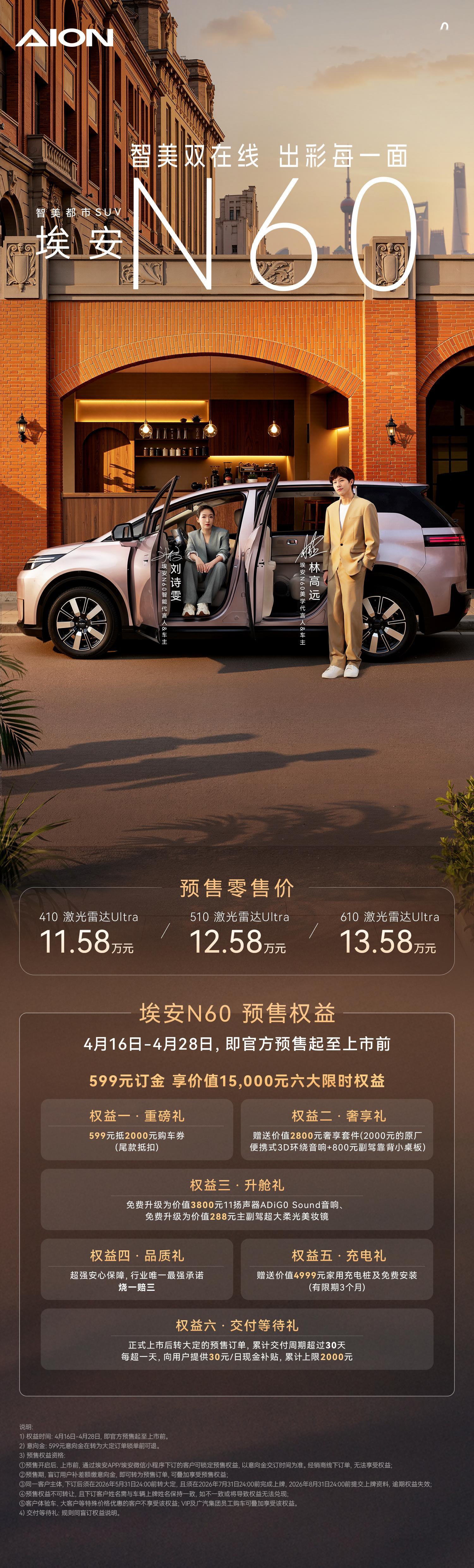 埃安N60开启预售：11.58万元起～10万出头，时尚大空间、标配激光雷达及高阶