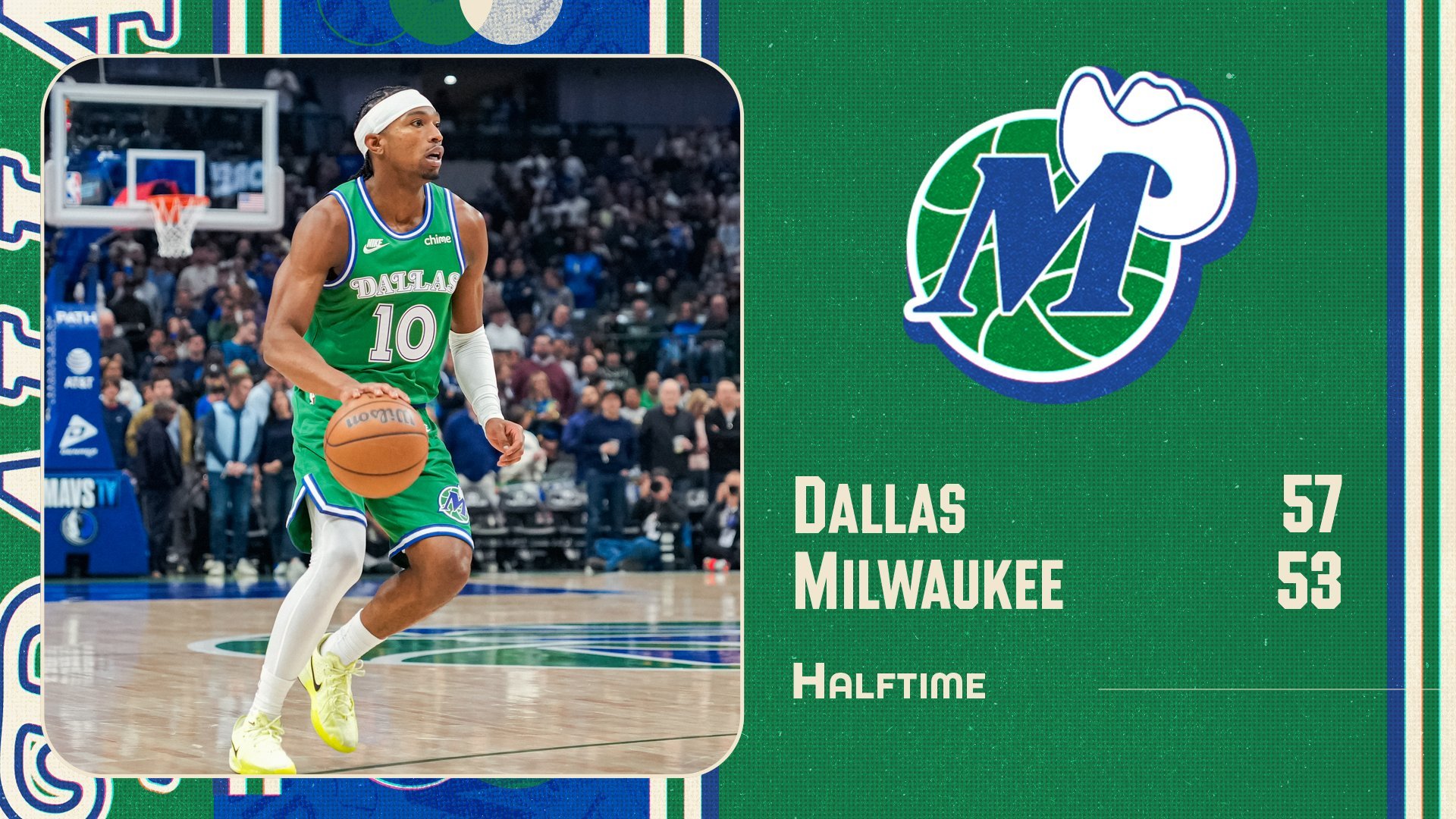 半场独行侠 57-53 领先雄鹿 4 分。拿前十场的标准来说的话，这个半场打得有