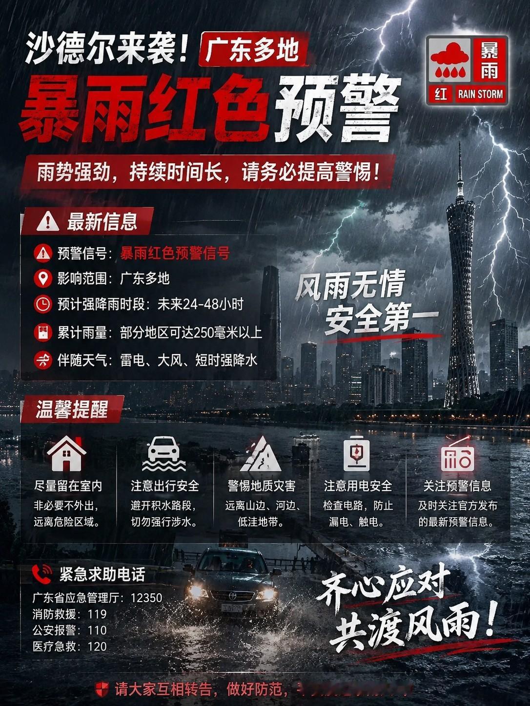 沙德尔广东暴雨红色预警注意啦！受台风沙德尔外围环流影响，广东部分地区已经发布暴雨