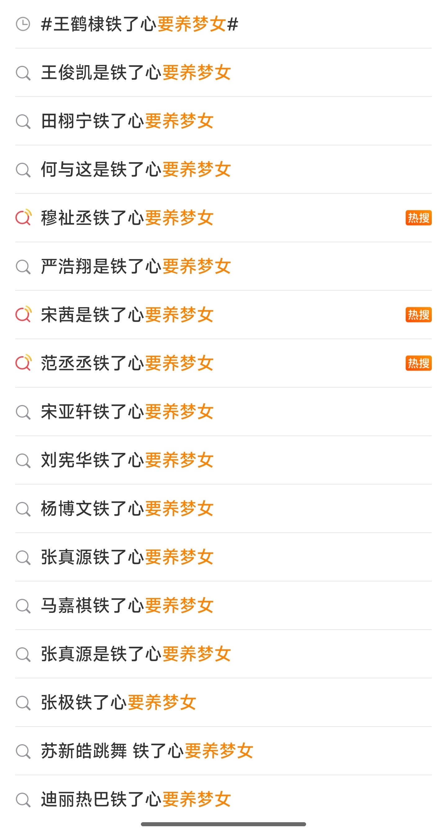 这个句式最早出圈爆火的第一条热搜词条是【迪丽热巴铁了心要养梦女】（2026年7月