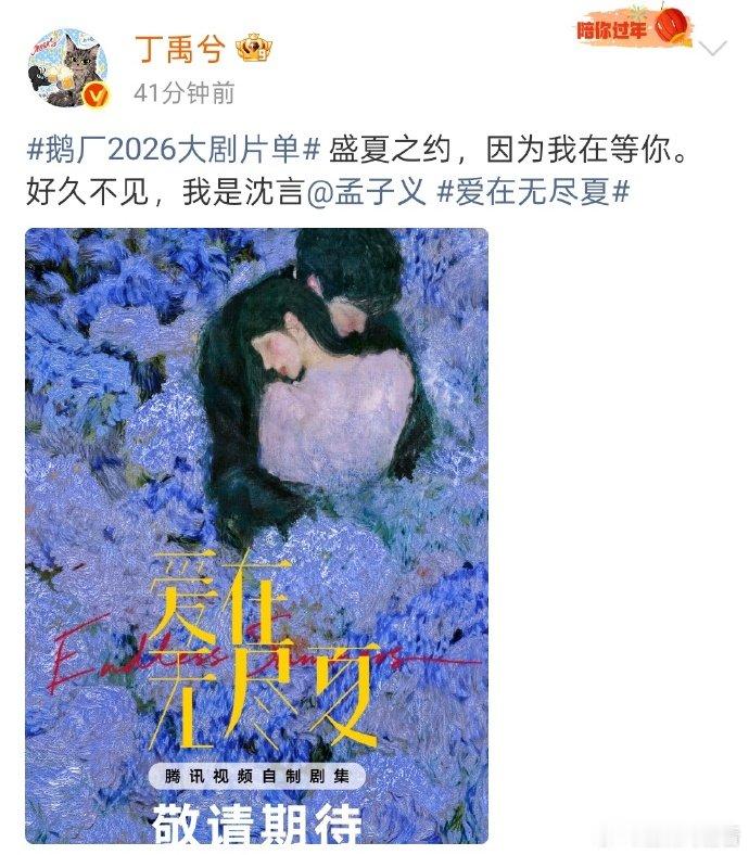 丁禹兮爱在无尽夏沈言 鹅厂2026大剧片单发布概念海报，丁禹兮《爱在无尽夏》官宣