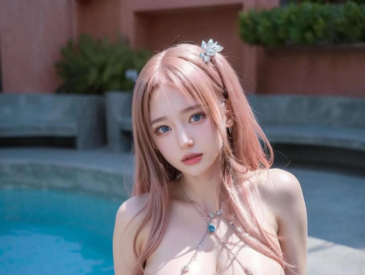 夏日泳池美女，全图太清爽只发半图！泳池性感妩媚 露天泳池小小姐 泳装美人 甜美泳