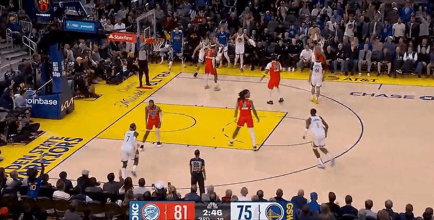 神奇！今天波杰姆被库里附体了！
在今天NBA常规赛勇士对阵雷霆的第三节比赛最后时