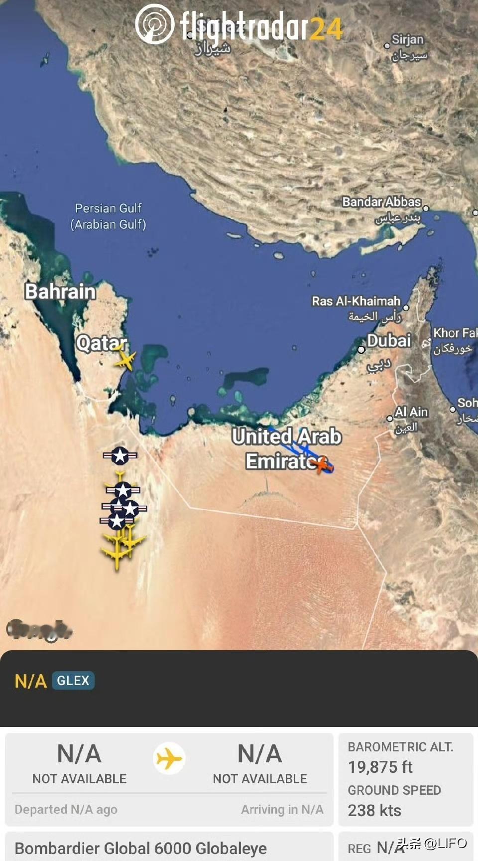 阿联酋空军的庞巴迪全球眼空中预警与控制机（AEW&C）正在空中活动，六架来自乌代