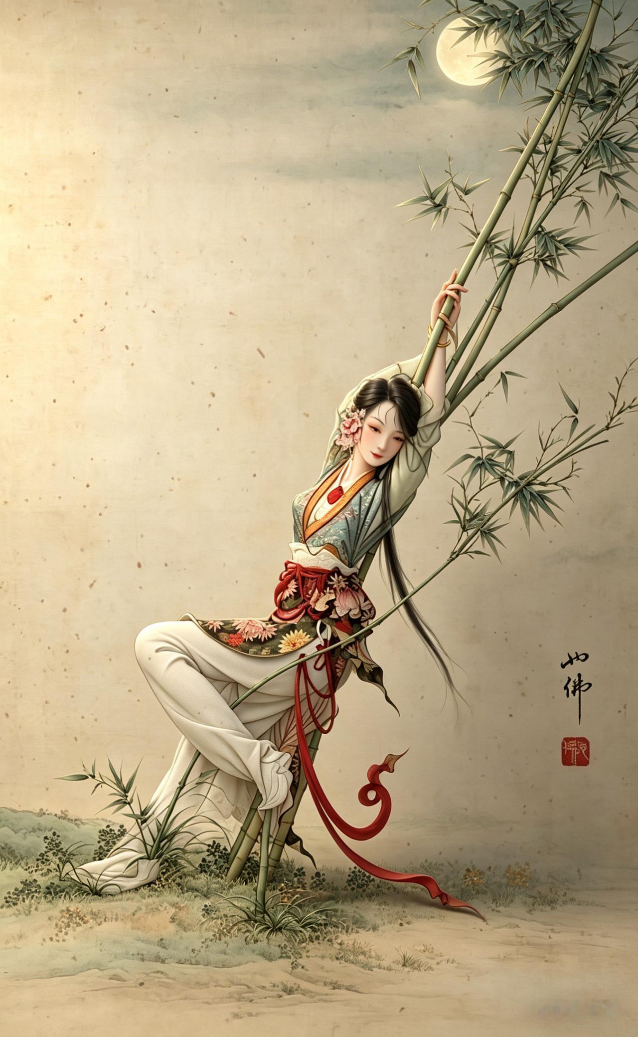 胡也佛《竹荫仕女》鉴赏（AI生成）：别人画竹讲究清冷，他偏借竹演绎风流，一弯一握