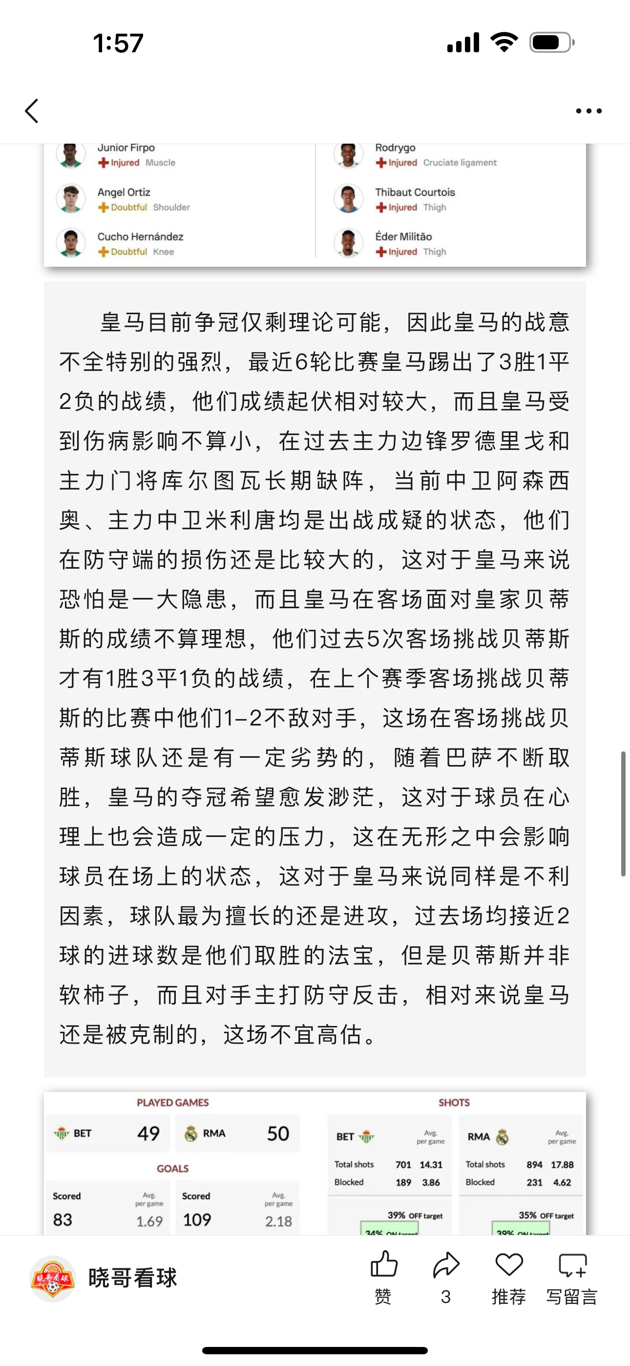 昨日足球公推西甲皇家贝蒂斯方向收获好评，这场比赛皇马赛前抢攻成功，维尼修斯在17