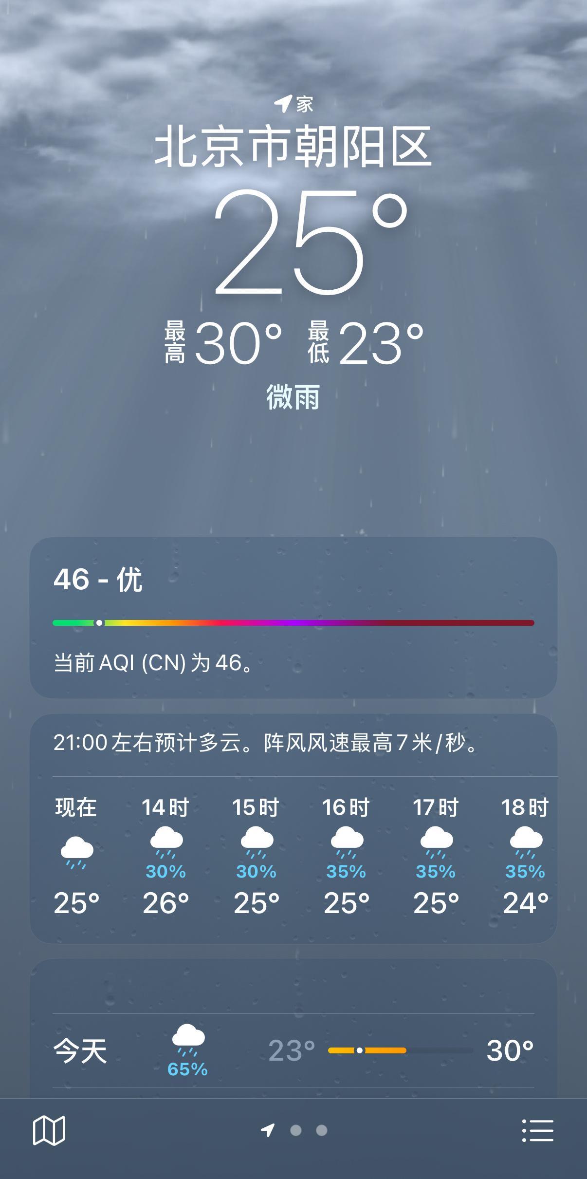 热热热我热热热 北京今天微雨，出人意料的舒服。高温区的朋友们多注意防暑！ ​​​
