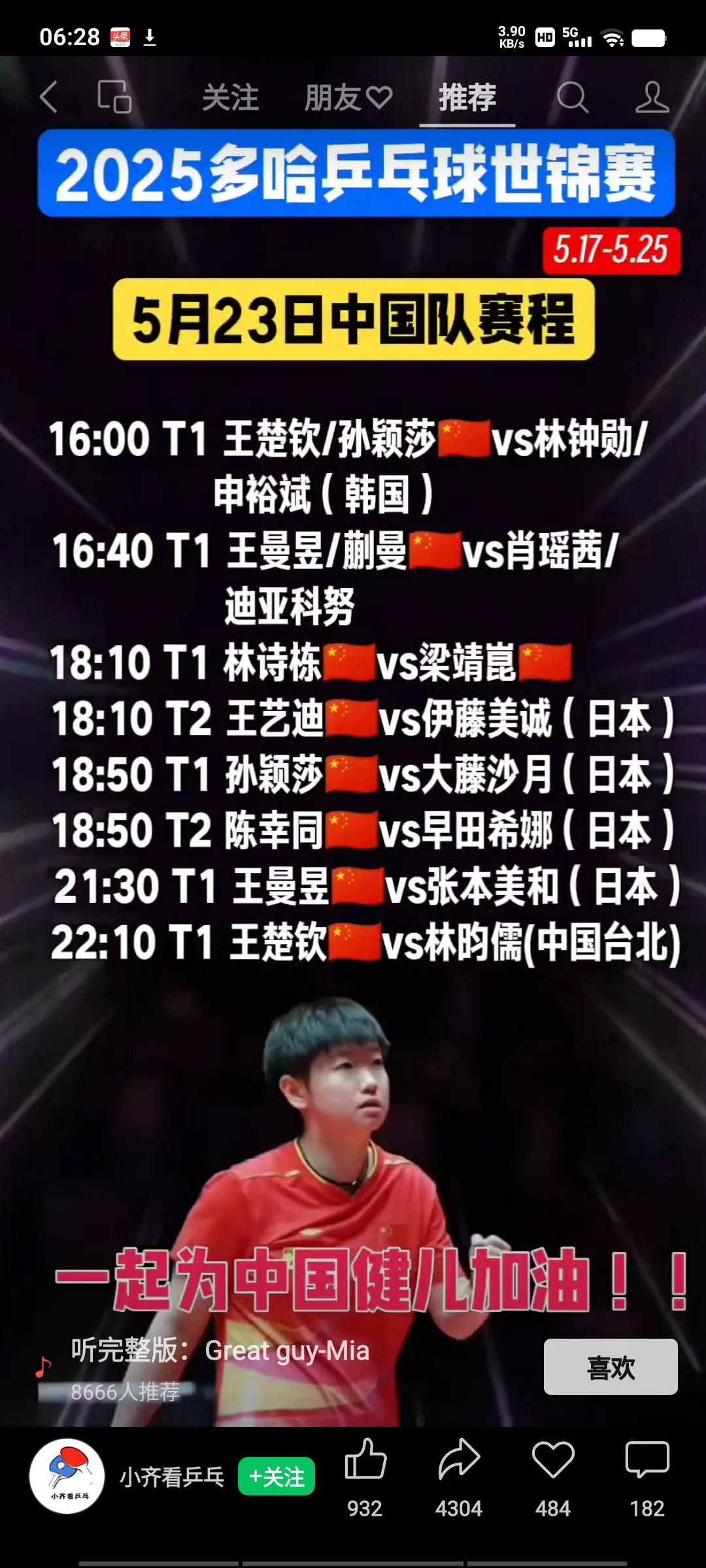 多哈世乒赛今日的赛程出炉啦。从下午16点起，率先进行的是“莎头”组合的混双半决赛