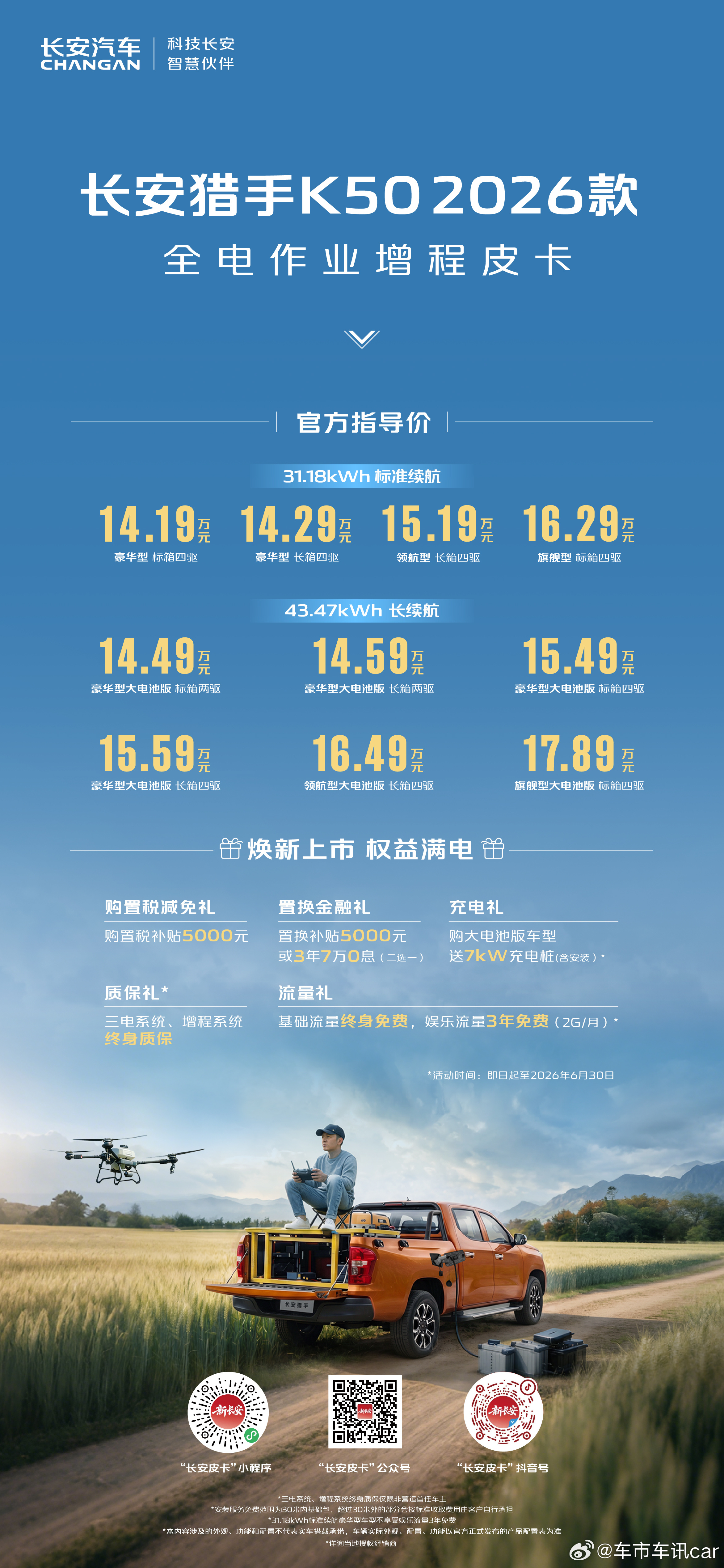 长安猎手K50 2026款 官方售价14.19万元起，购车还享多重权益即刻下订，