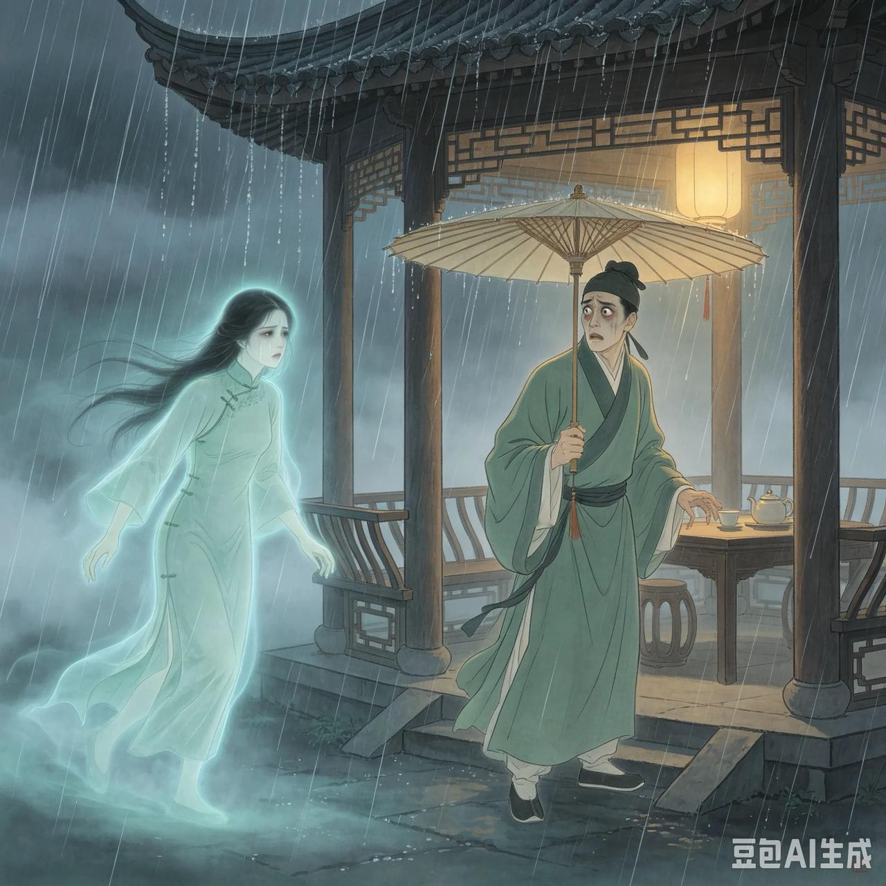 清朝时一天傍晚下起大雨，甲到茶亭躲雨暂住，这里距离乙家大约两里路。忽然看见乙死去