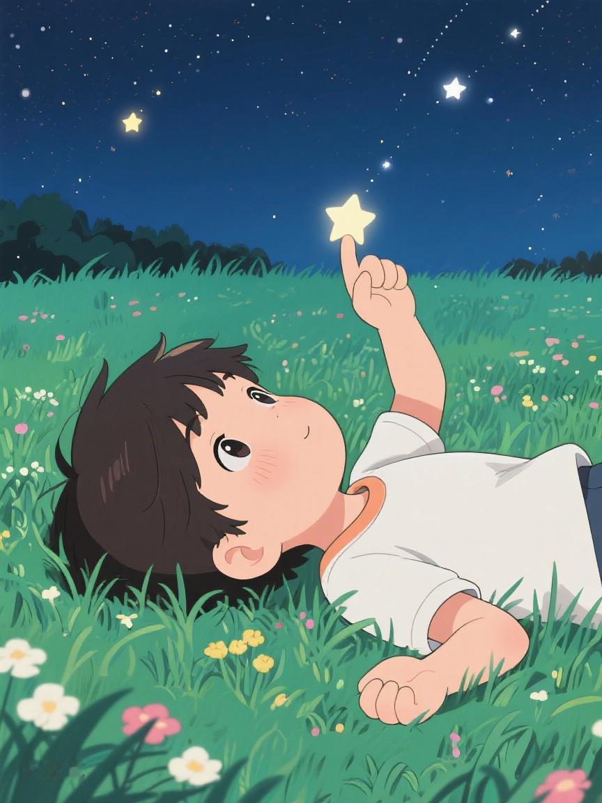 AI妙生图躺于繁花绿草间，伸手轻触那闪烁的星，在这静谧里，寻梦与纯真的微光✨