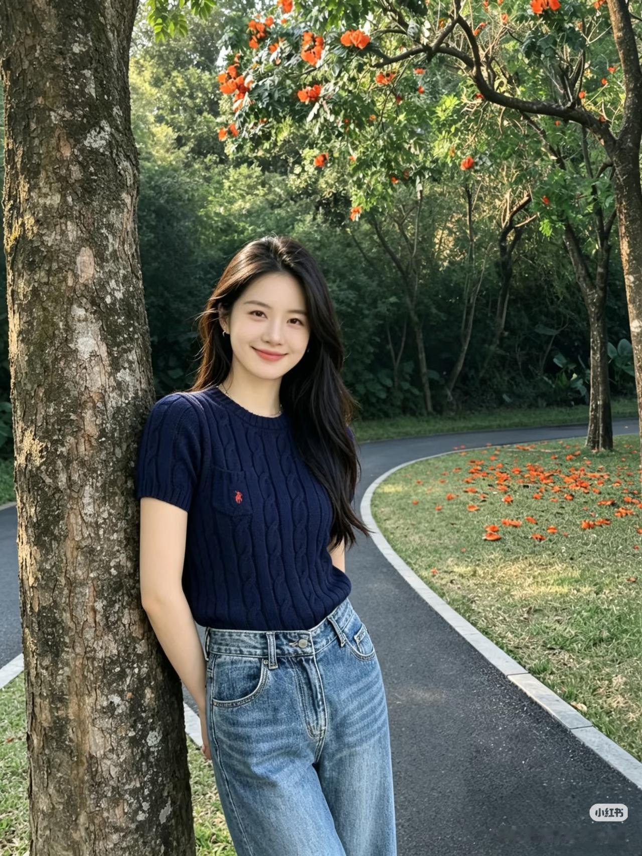 阳光下的少女，微笑倚树旁，花海映笑颜。