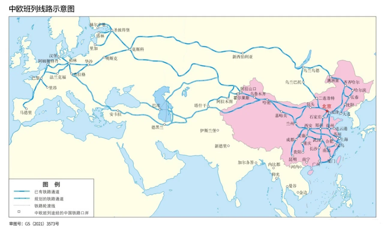 2021年中欧班列线路示意图