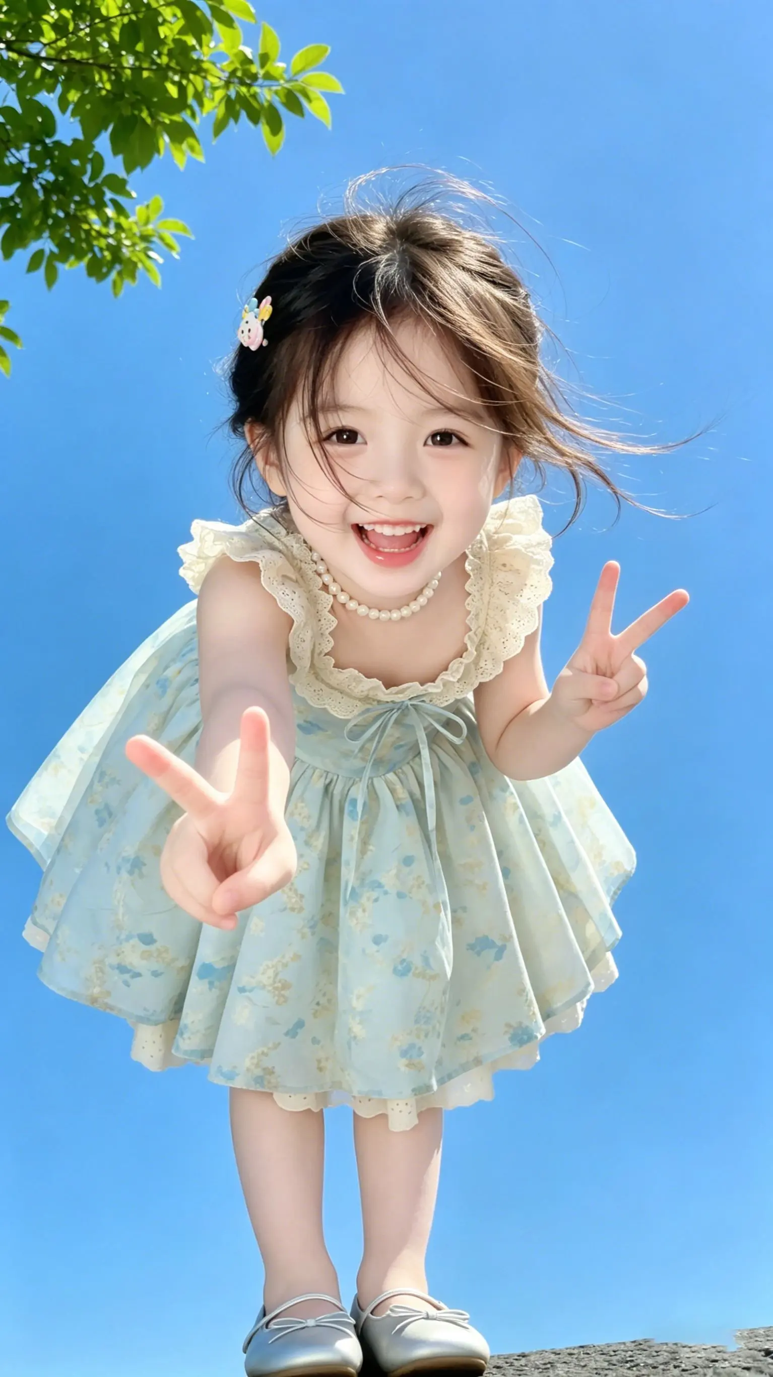 女儿的夏日穿搭。 夏天给女儿安排这条蓝白碎花吊带裙也太绝了！方领蕾丝飞...