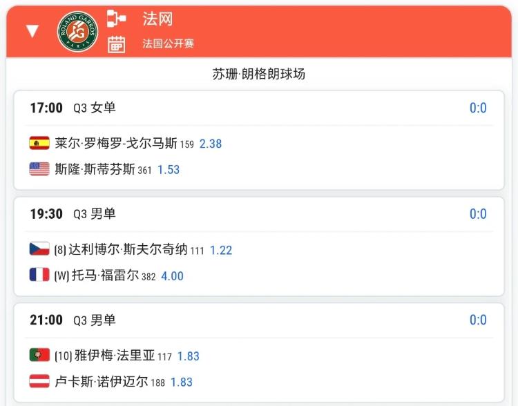 5月21日网球赛程！！
法网资格赛晋级决胜场的女单只有王曦雨、郭涵煜，男单只有黄