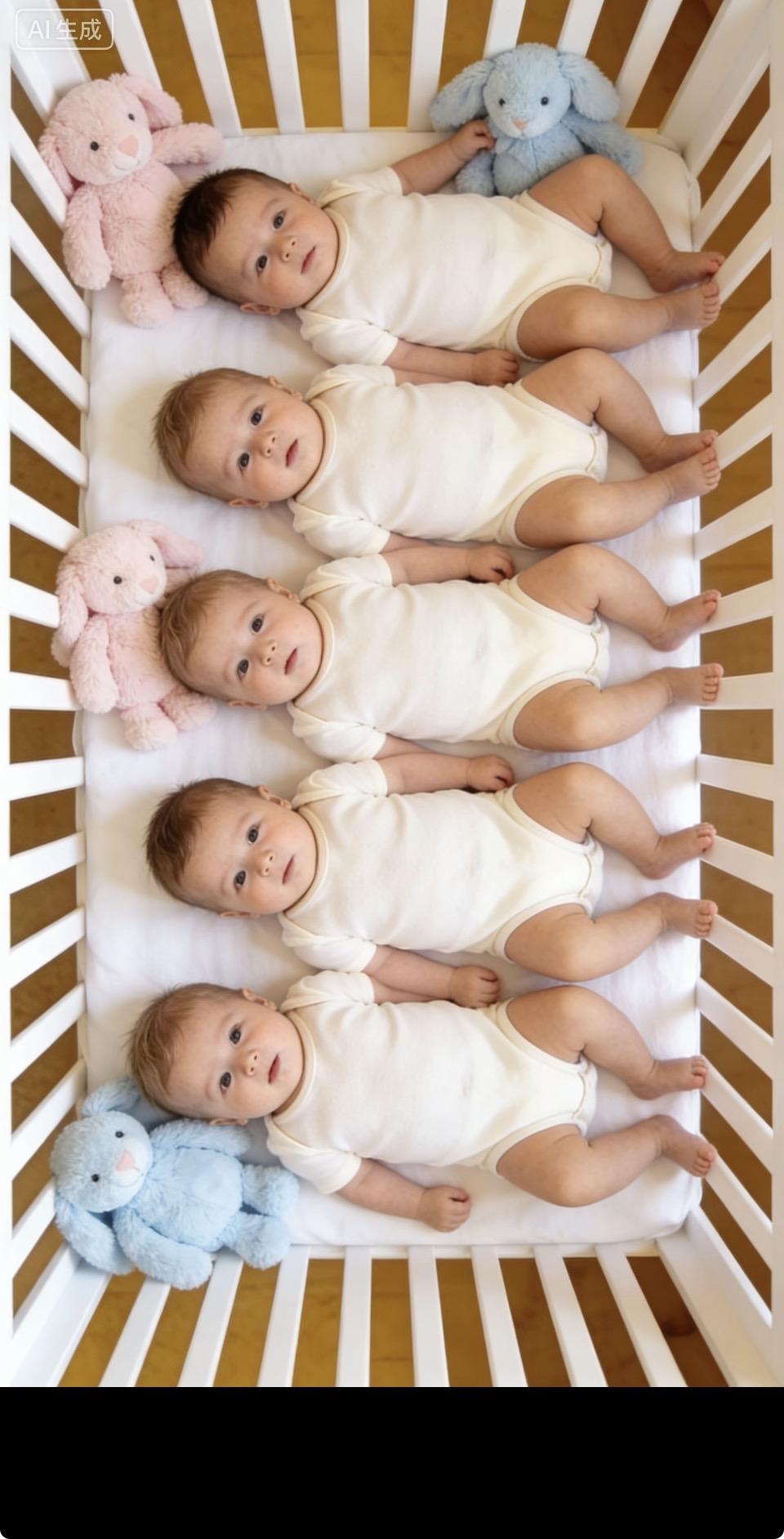 四胞胎宝宝在摇篮里安睡，萌翻天啦！👶👶👶👶他们那粉嘟嘟的小脸蛋，就像熟透