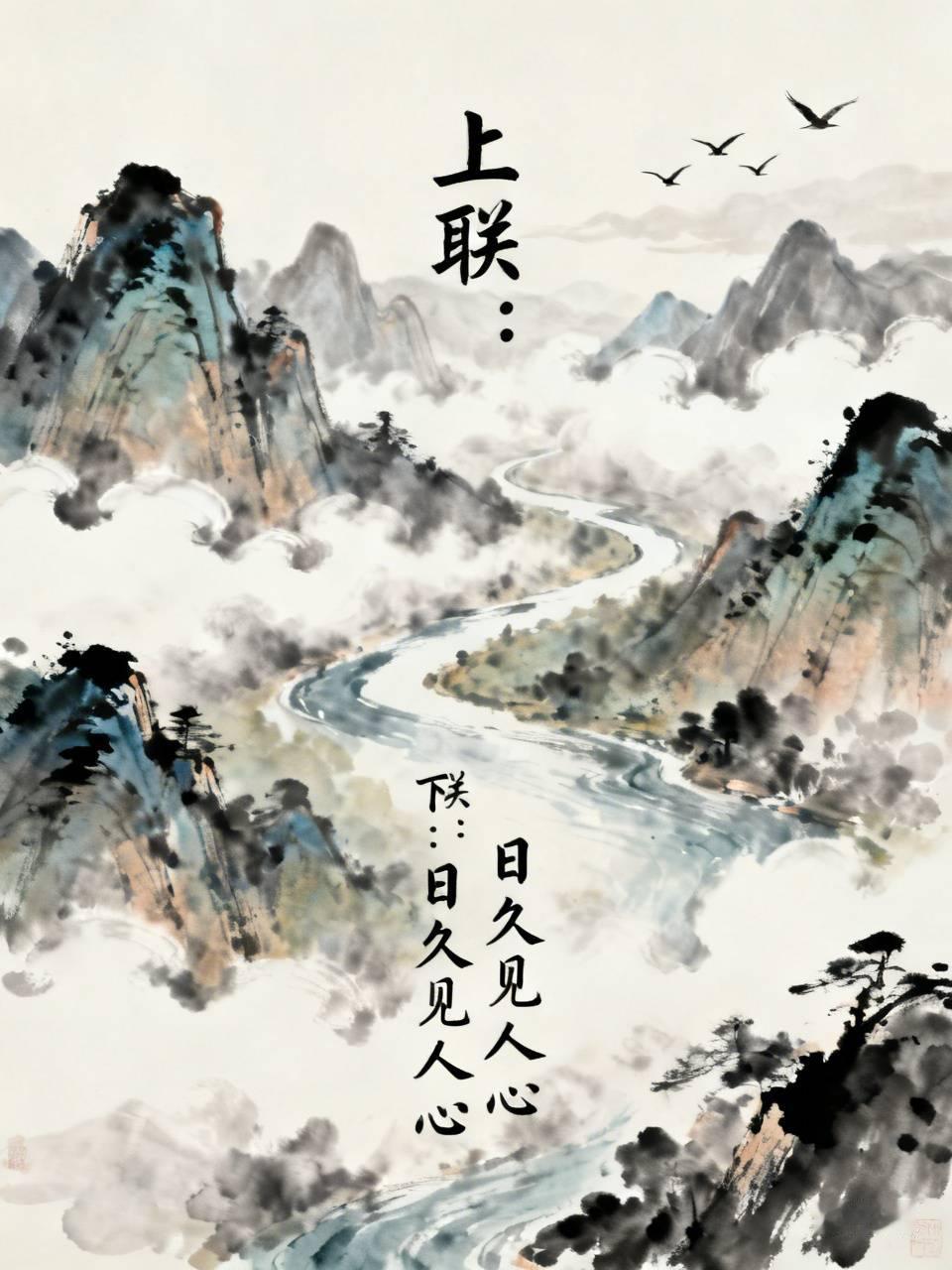 “日久见人心”，它的绝配上联是“路遥知马力”。这对联最早出自宋代《事林广记》，在
