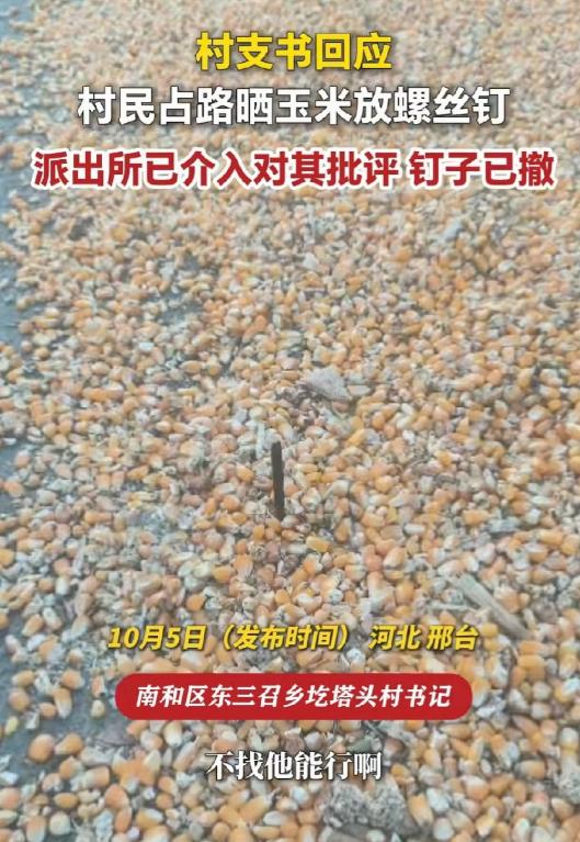 河北邢台，一村民为了方便自己晒玉米，不仅私自霸占整条村道，甚至还恶意在路面藏钢钉