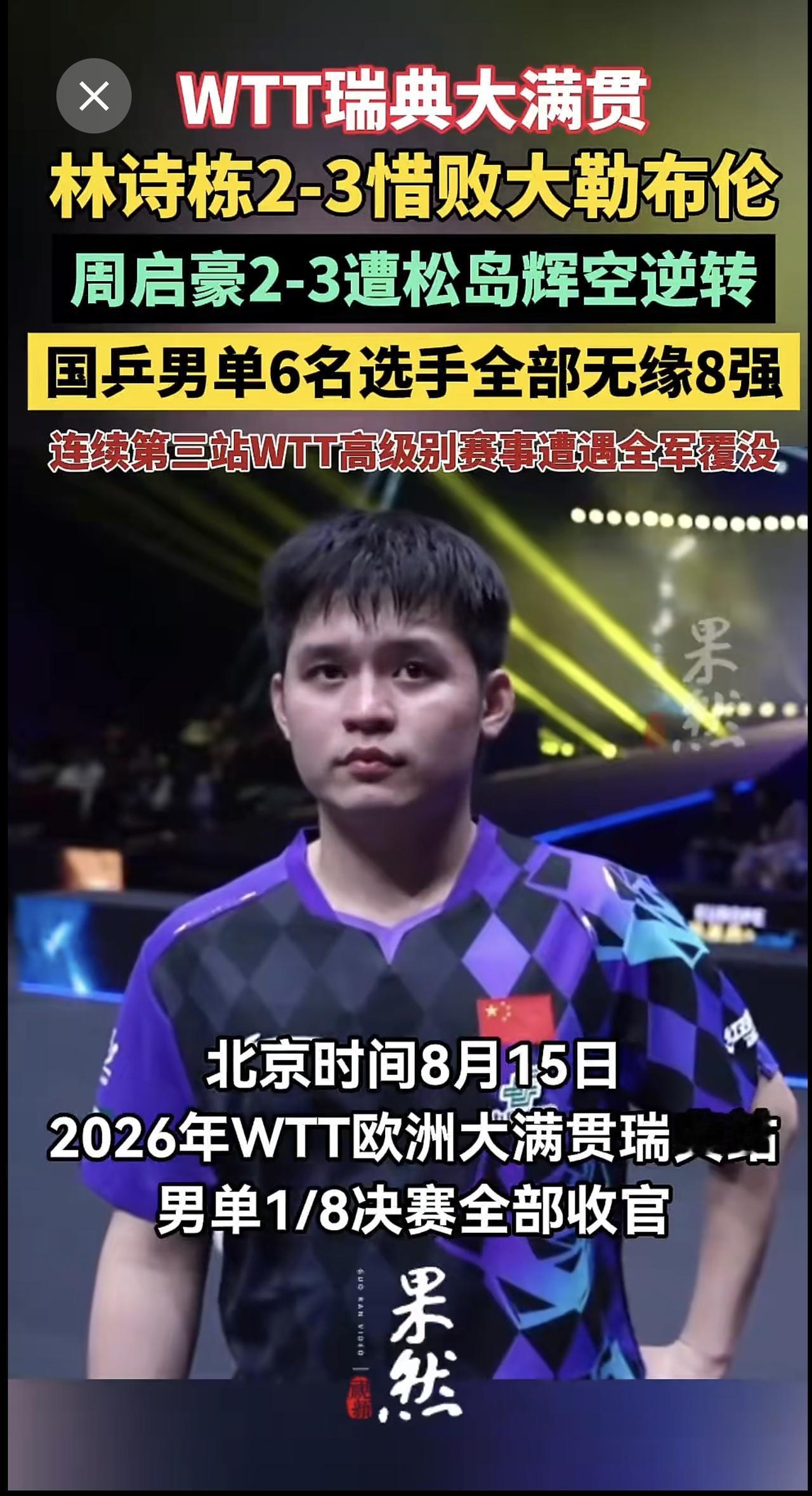 林诗栋2-3惜败大勒布伦，周启豪2-3遭松岛辉空逆转，国乒男单6名选手全部无缘8