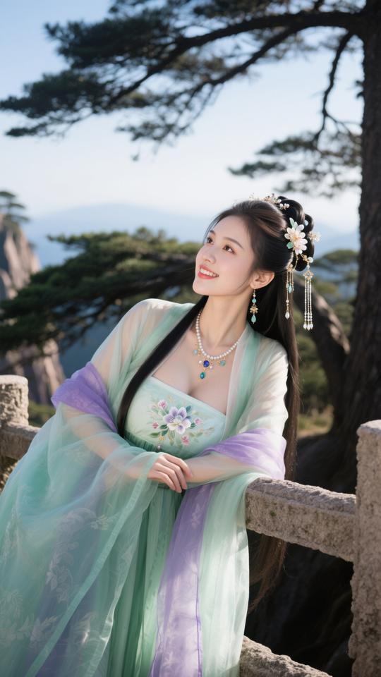 鹧鸪天·迎客松畔
 
罗袂生香立险峰，青绡轻覆玉光融。云鬟暗绾烟霞色，翠袖遥牵鹤