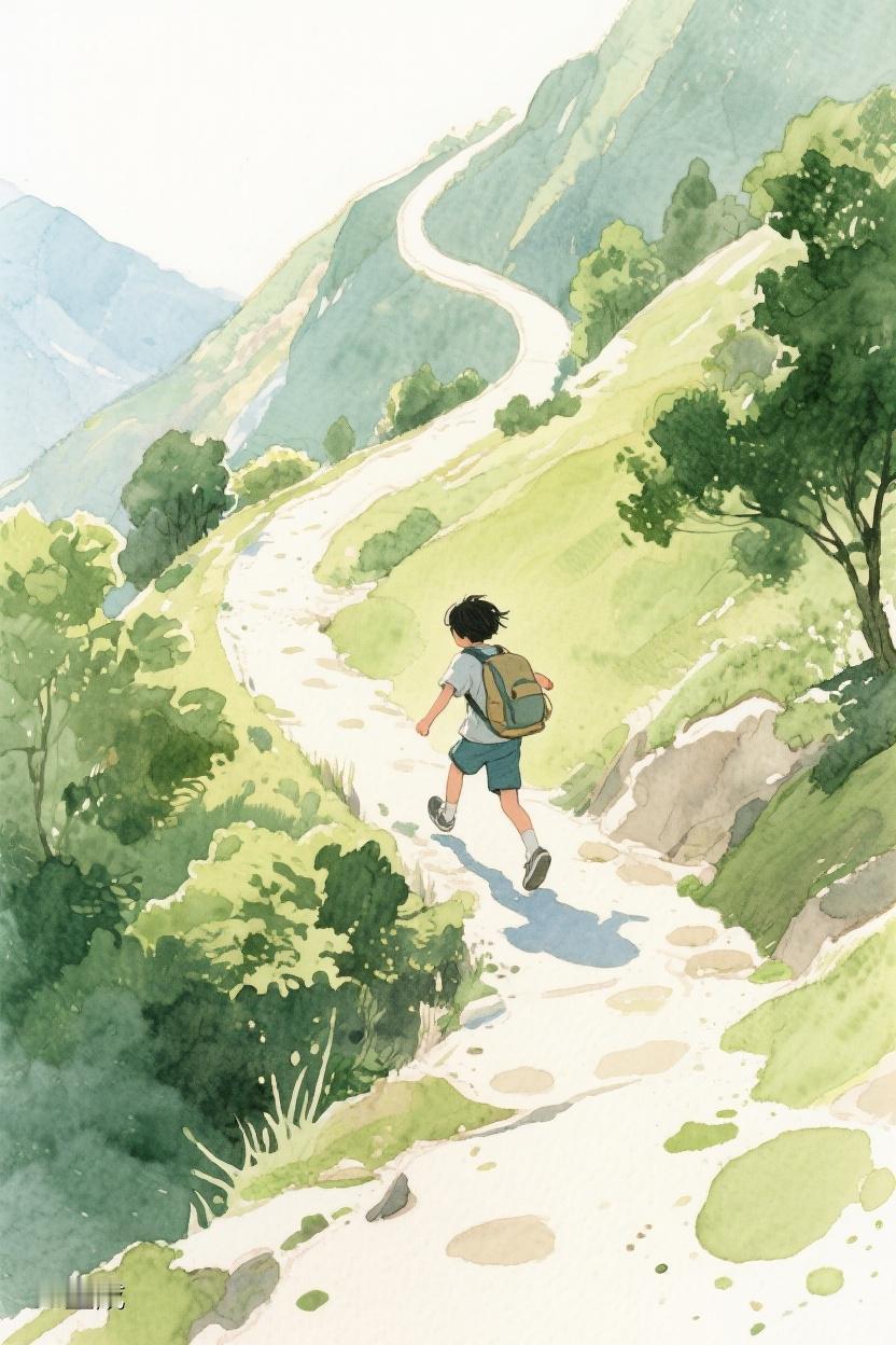 AI随心绘蜿蜒山路攀向曙光，每一步都是成长，于起伏间邂逅未知美好✨