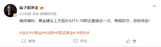 日内博文再次布局黄金在4275上方附近进场反空，现在减仓看到4226位置再次拿下