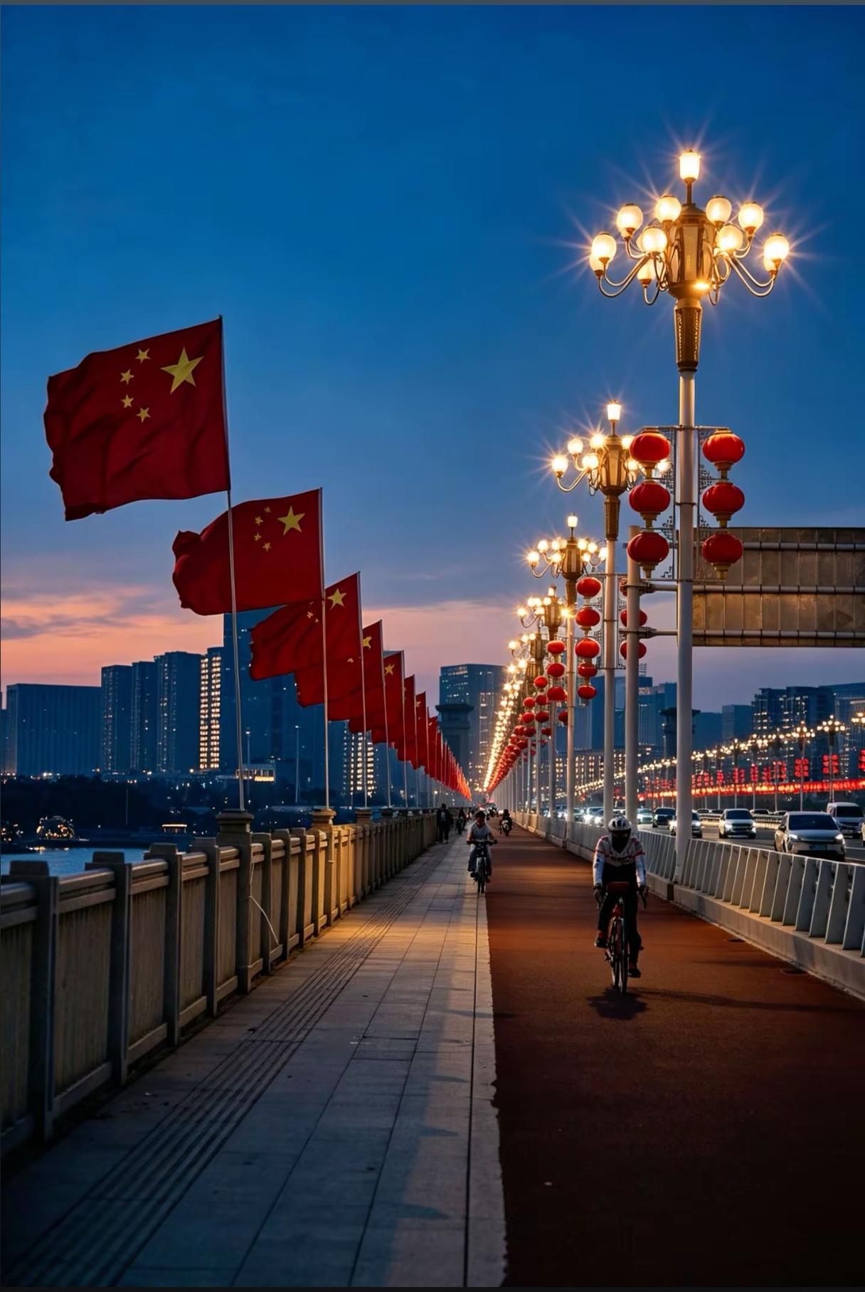 临沂北京路沂河大桥氛围感拉满！

五星红旗整齐飘扬，华灯璀璨，河水映塔，是属于临