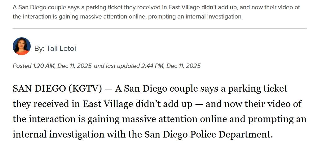 美国夫妇拍摄的视频在网上走红：警察为开罚单不择手段
一对圣地亚哥夫妇表示，他们收