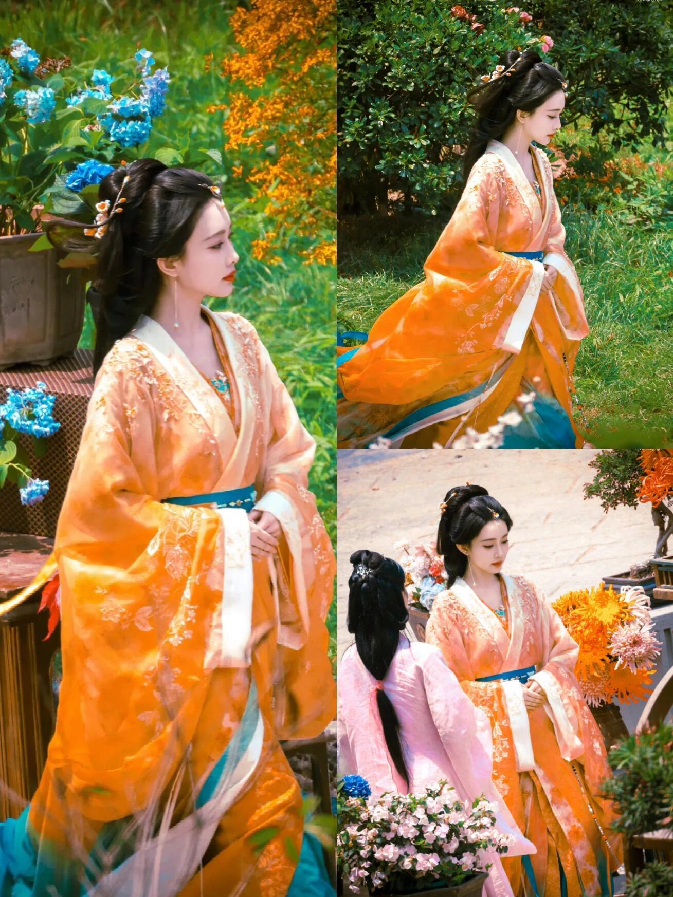 孟子义百花杀这套造型好亮眼，忍不住存图了橘色系真的好亮眼 ​​​