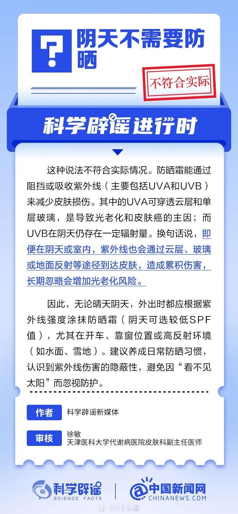 科学辟谣进行时 【阴天不需要防晒？不符合实际】即便在阴天或室内，紫外线也会通过云