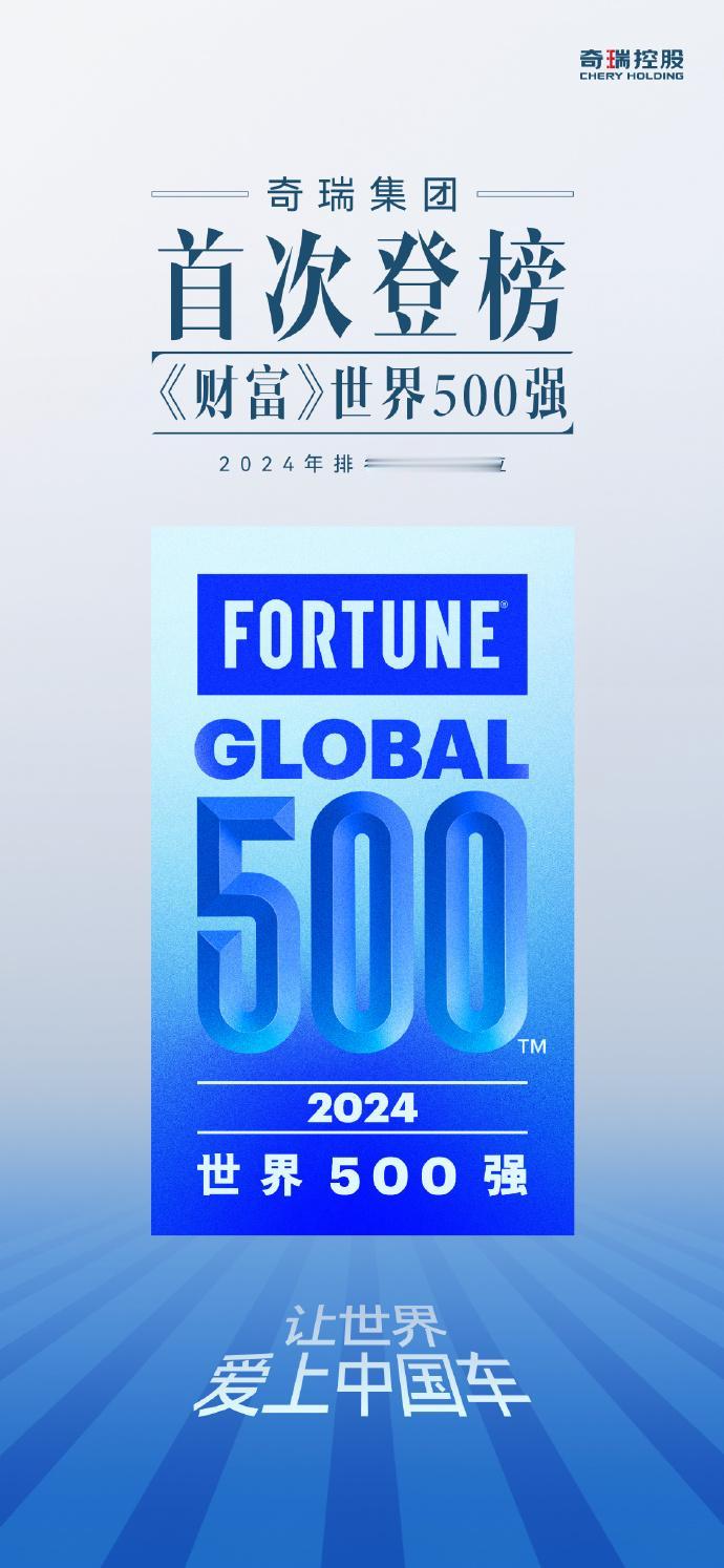 奇瑞首登《财富》“世界500强”，以391亿美元营收位列385位，可喜可贺，加油