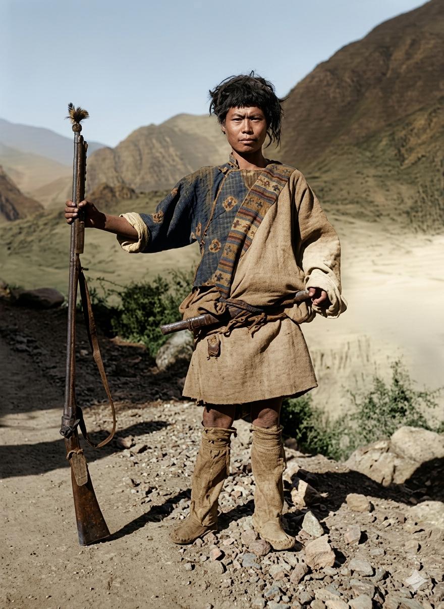 1929年，雅砻江畔一位康巴藏族男子，站在碎石山道上，乱发在山风里扬起，一手紧握