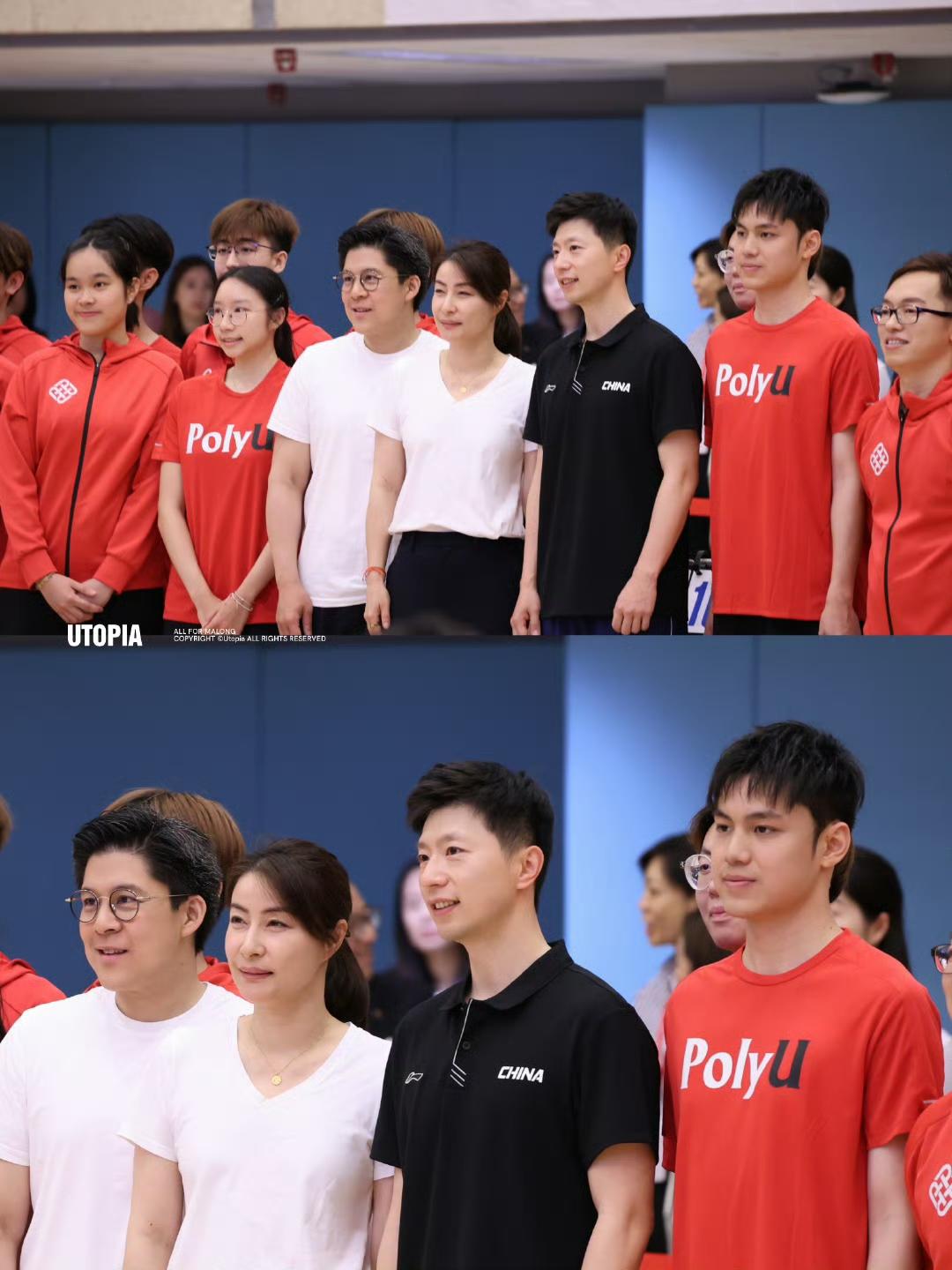 在香港理工大学参加体育研讨会的马龙，与霍启刚和郭晶晶夫妇同香港乒乓球运动员、香港