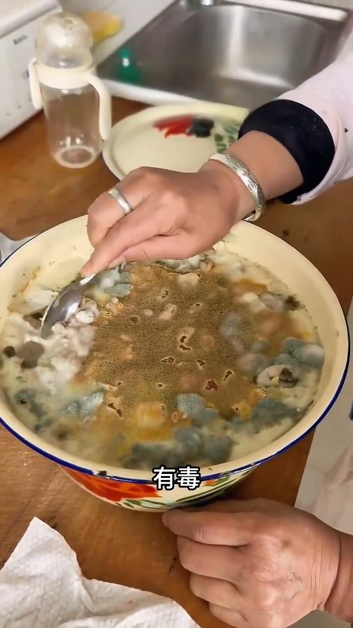 ·这是什么霉菌有毒吗？这是毛霉菌，有毒。菌丝和毒素已经渗透进了肉里，整坛肉都不能